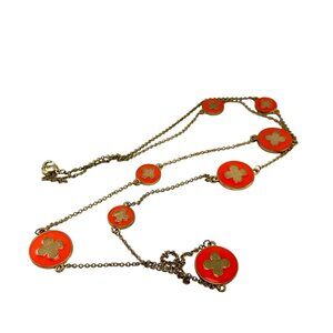 Vintage Inspired Style Gold Clover Station Necklace Red Enamel Long Chain